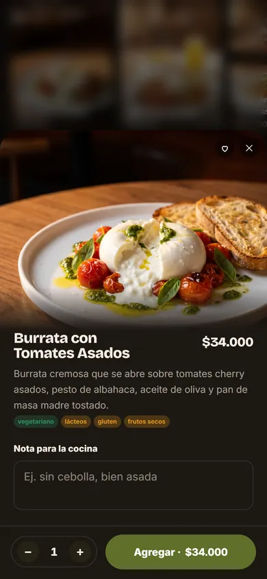 Plato abierto en la carta digital, con foto grande, descripción completa y botón para agregar al pedido