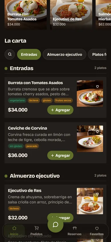 Lista de platos de la carta digital de un restaurante de mantel, con foto, descripción, etiquetas y precio de cada uno