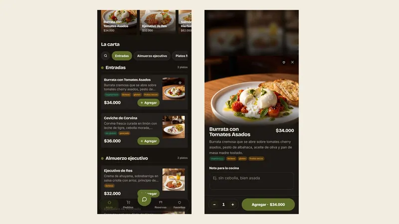 Dos pantallas de la carta digital de un restaurante de mantel: la lista de platos con foto y precio, y un plato abierto con su descripción