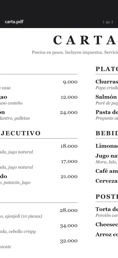 La misma carta en PDF ampliada con dos dedos: se leen los precios pero los nombres de los platos quedan cortados a los lados