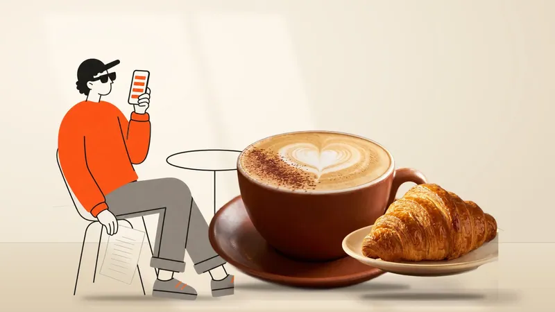 Personaje de línea sentado en una mesa de café mirando el celular, con la carta de papel en el piso y un cappuccino y un croissant gigantes a su lado