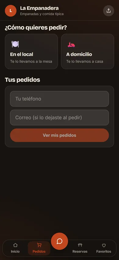 Pantalla de pedidos en la carta de ejemplo de una empanadería, que pregunta si el pedido es en el local o a domicilio