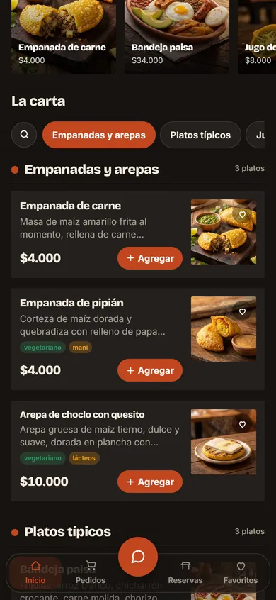 Lista de platos de comida típica en la carta digital, cada uno con su foto, precio y botón para agregar