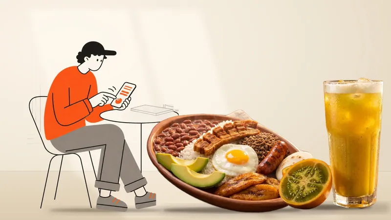 Personaje de línea pidiendo desde el celular en una mesa, junto a un plato típico con fríjoles, huevo, chicharrón y aguacate y un jugo de lulo reales gigantes
