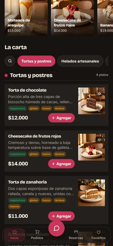 Lista de tortas y postres en la carta de ejemplo, cada plato con su foto, precio y botón para agregar