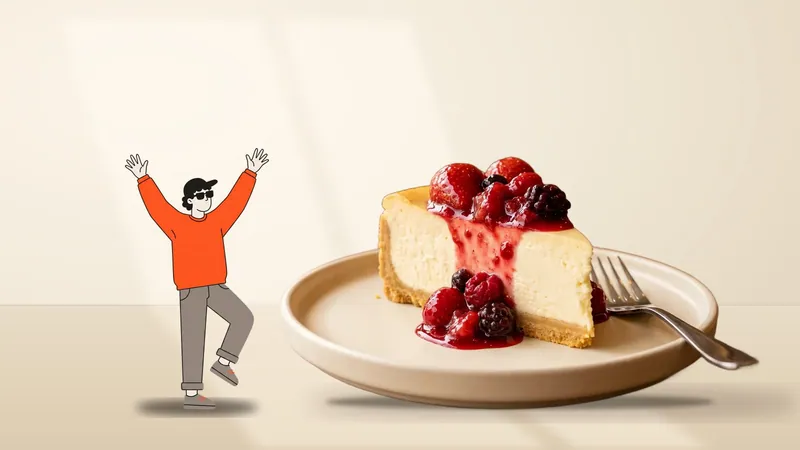 Personaje de línea con los brazos arriba junto a una porción gigante de cheesecake de frutos rojos, con luz de ventana entrando de lado