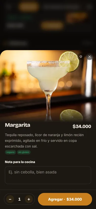 Margarita abierta en la carta digital del bar, con la foto grande, la descripción, el precio y el botón para agregarla al pedido