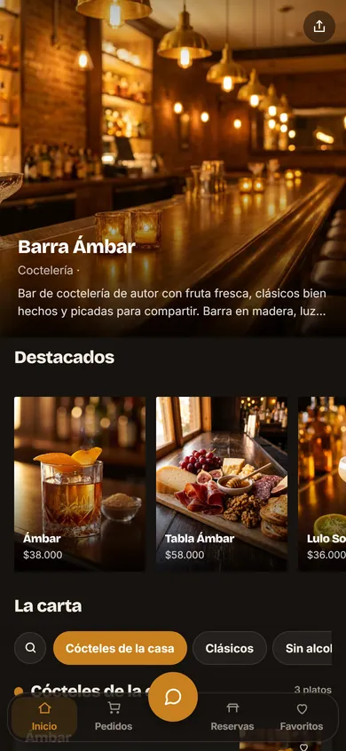 Carta de ejemplo de un bar de cócteles abierta en el celular, con la portada del bar y las categorías de tragos y picadas