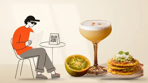 Personaje de línea sentado en una mesa con el QR de la carta, junto a un cóctel de lulo y unos patacones reales gigantes