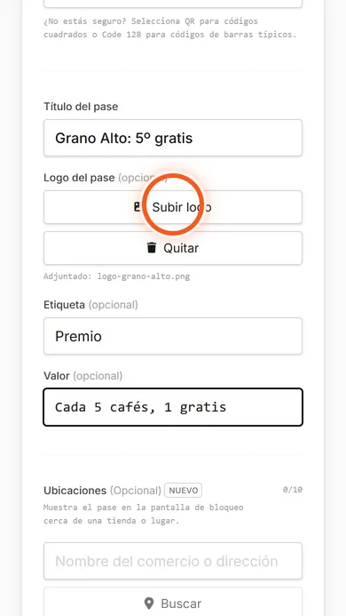 Logo adjuntado, etiqueta Premio y valor Cada 5 cafés, 1 gratis, con el círculo naranja sobre Subir logo