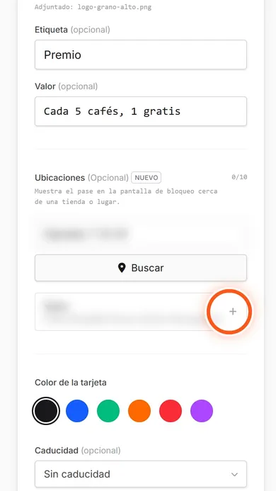 Sección Ubicaciones con un resultado de búsqueda borroso y el botón más marcado en naranja