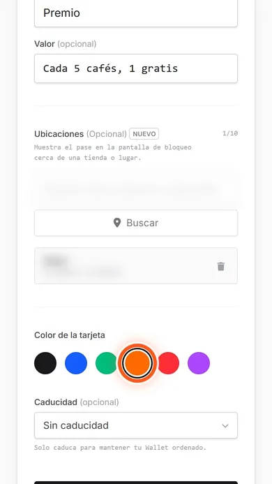 Selector de color con el naranja elegido y marcado con un círculo