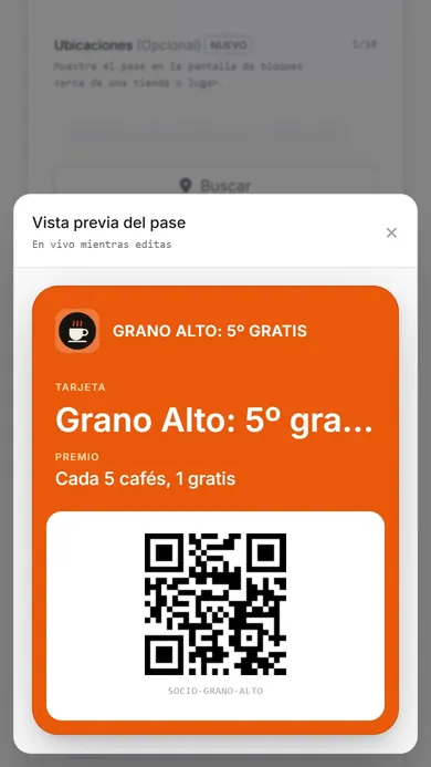 Vista previa de la tarjeta naranja de Grano Alto con el logo, el premio y el código QR