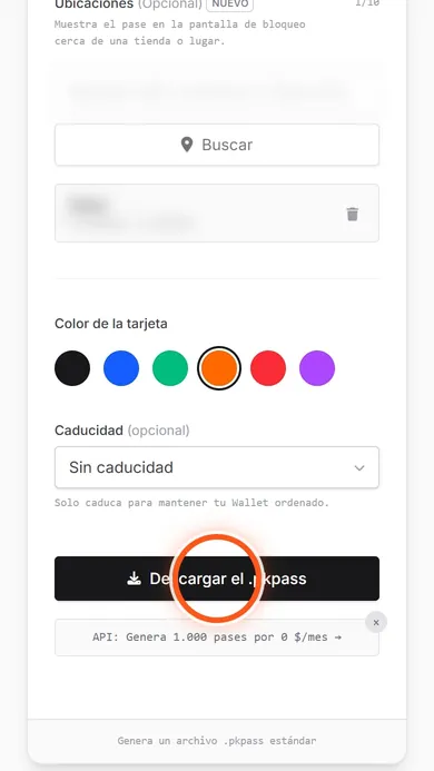 Botón Descargar el .pkpass marcado con un círculo naranja